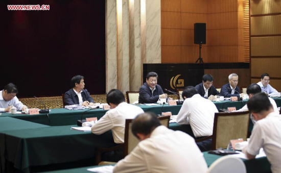 Chinese President Xi Jinping (3rd L, back), also general secretary of the Communist Party of China (CPC) Central Committee and chairman of the Central Military Commission, speaks during a meeting on the 13th five-year plan period (2016-2020) with leading officials from seven regions in east China: Shanghai, Anhui, Fujian, Jiangsu, Jiangxi, Shandong and Zhejiang in Hangzhou, capital of east China's Zhejiang Province, May 27, 2015. (Xinhua/Lan Hongguang)