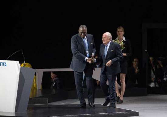 FIFA President Sepp Blatter is seen on stage during the 65th FIFA Congress in Zurich, Switzerland, May 29, 2015. Sepp Blatter was re-elected for the fifth time as the FIFA president here on Friday. (Xinhua/Xu Jinquan)
