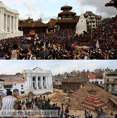 The combo photo shows Nepalese devotees participating in a procession of chariots of god and goddess Ganesh, Kumari and Bhairav during the last day of Indrajatra festival at Durbar Square in Kathmandu, Nepal, Sept. 22, 2013 (above) and the ruins on the Durbar Square after an earthquake in Kathmandu, capital of Nepal, on April 25, 2015. (Photo/Xinhua)
