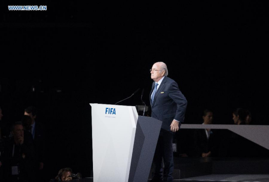 File photo taken on May 29, 2015 shows FIFA president Sepp Blatter delivering a speech during the FIFA Congress in Zurich, Switzerland. (Xinhua/Xu Jinquan)