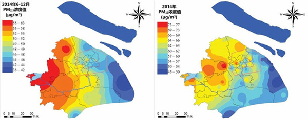 The Shanghai Environmental Protection Bureau releases two air quality maps on June 4, 2015, to show Shanghai's PM2.5 density for the latter half of 2014, and also the city's PM10 density for 2014. The two maps, together with maps of sulfur dioxide density and nitrogen dioxide density, provide local residents with up-to-date air quality information on Shanghai. (Photo/Wen Wei Po)