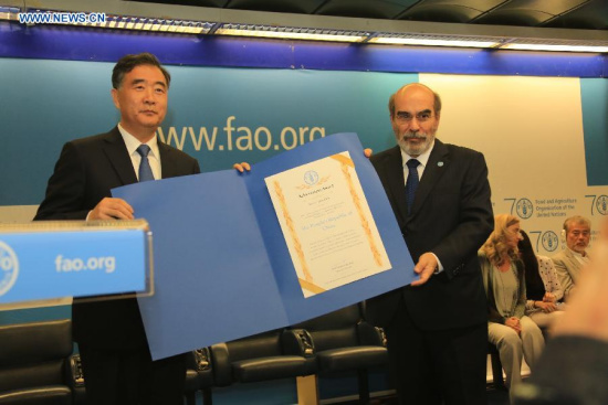FAO Director-General Jose Graziano Da Silva (R) hands the award diploma to Vice Premier of China Wang Yang at the FAO headquarters in Rome, Italy, June 7, 2015. 
