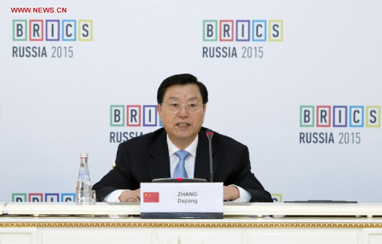 Zhang Dejiang, chairman of the Standing Committee of the National People's Congress (NPC) of China, speaks at the BRICS parliamentary forum in Moscow, Russia, June 8, 2015. (Xinhua/Xie Huanchi) 