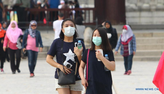 Tourists walk with masks at the Gyeongbokgung Palace in Seoul, South Korea, June 8, 2015.(Photo: Xinhua/Yao Qilin) 