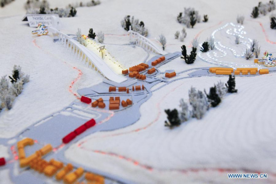 This photo shows a sandbox model at the expo of Beijing Candidate City's bid for the 2022 Winter Olympic games at the Palace hotel in Lausanne, Switzerland, on June 10, 2015. (Photo: Xinhua/Zhou Lei)