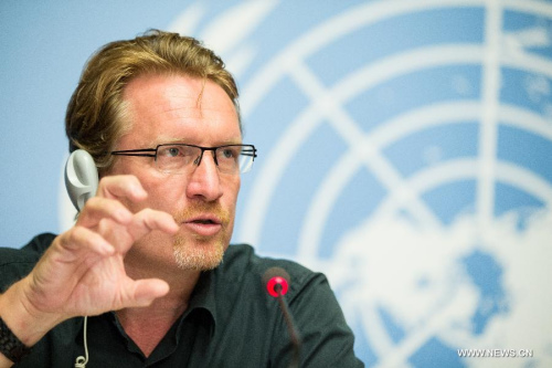 Christian Lindmeier, Spokesperson of The World Health Organization (WHO), attends a press conference in Geneva, Switzerland, on June 16, 2015. Lindmeier reaffirmed that the sustained human-to-human transmission and community transmission of Middle East respiratory syndrome coronavirus (MERS-CoV) in the Republic of Korea had not yet been observed. (Photo: Xinhua/Xu Jinquan)