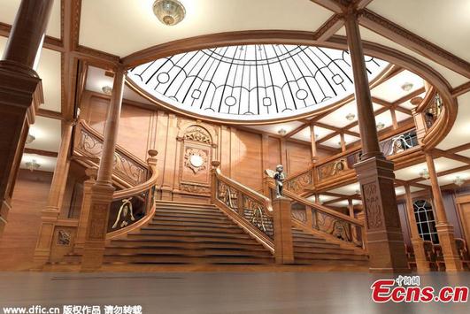 An artists rendering depicts the interior decoration of a replica of the Titanic on the Qijiang River in Daying county, Southwest China's Sichuan province. Tickets to board the ship will start at around 3,000 yuan (about $484) for an ordinary fare. A luxury fare price could go for up to hundreds of thousands of yuan. (Photo/CFP)