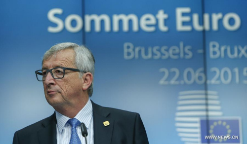 European Commission President Jean-Claude Juncker listens to questions from press after the Euro Summit at the EU headquarters in Brussels, Belgium, June 22, 2015. Euro zone leaders gathered in Brussels for an informal emergency summit late Monday, trying to reach an agreement on Greece's new proposal offered this morning. (Photo: Xinhua/Zhou Lei)