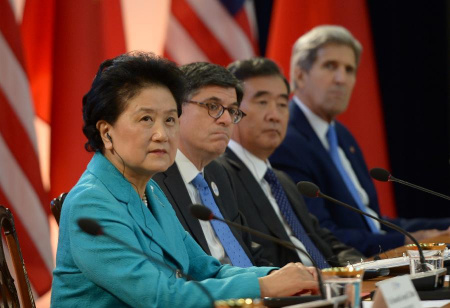 Chinese Vice Premier Liu Yandong, U.S. Treasury Secretary Jacob Lew, Chinese Vice Premier Wang Yang and U.S. Secretary of State John Kerry (L to R) attend the opening ceremony of the seventh China-U.S. Strategic and Economic Dialogue (S&ED) and the sixth China-U.S. High-Level Consultation on People-to-People Exchange (CPE) in Washington D.C., the United States, June 23, 2015.  (Photo: Xinhua/Yin Bogu)