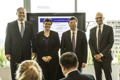The CEO of Microsoft, Satya Nadella, and the presidents of Tsinghua University and the University of Washington put their signatures on a historic agreement -- one that will bring a Chinese research university to U.S. soil for the first time.