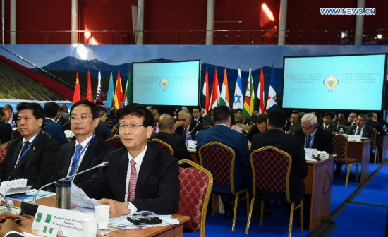 Meng Jianzhu (R, front), head of the Commission for Political and Legal Affairs of the Communist Party of China (CPC) Central Committee, attends the sixth international meeting of high-ranking security representatives held in Ulan-Ude, capital of Russian's eastern Siberian Republic of Buryatia, June 25, 2015. (Xinhua/Jia Yuchen)