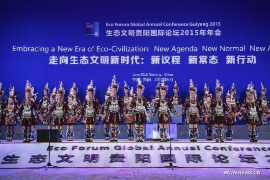 Tong people perform during the Eco Forum Global Annual Conference Guiyang 2015 in Guiyang, capital of southwest China's Guizhou Province, June 27, 2015. The Eco Forum Global Annual Conference Guiyang 2015 opened here on Saturday. (Xinhua/Ou Dongqu)