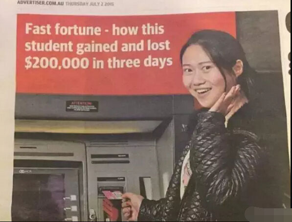 Photo shows Dong Siqun, a 26-year-old Chinese student who returned 200,000 Australian dollars to the bank, after it had been accidentally transferred to her account. (Photo/ )
