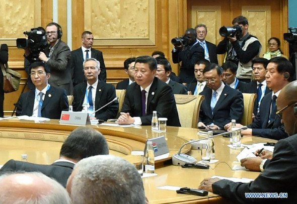 Chinese President Xi Jinping attends a large-group meeting of the 7th BRICS summit in Ufa, Russia, July 9, 2015. (Photo: Xinhua/Rao Aimin) 