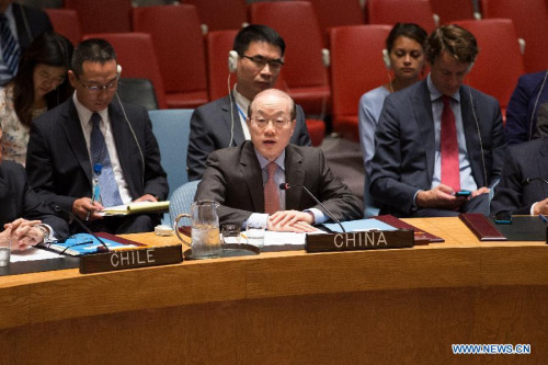 Liu Jieyi (front C), China's permanent representative to the United Nations, speaks after the UN Security Council endorsed Iran nuclear deal at the UN headquarters in New York, the United States, on July 20, 2015. (Photo: Xinhua/Li Muzi)