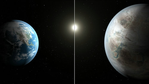 An artistic illustration compares Earth (L) to a planet beyond the solar system that is a close match to Earth, called Kepler-452b in this NASA image released on July 23, 2015. (Photo/NASA)