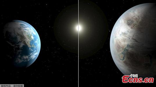 An artistic illustration compares Earth (L) to a planet beyond the solar system that is a close match to Earth, called Kepler-452b in this NASA image released on July 23, 2015. The planet, which is about 60 percent bigger than Earth, is located about 1,400 light years away in the constellation Cygnus, the scientists told a news conference on Thursday. (Photo/Agencies)
