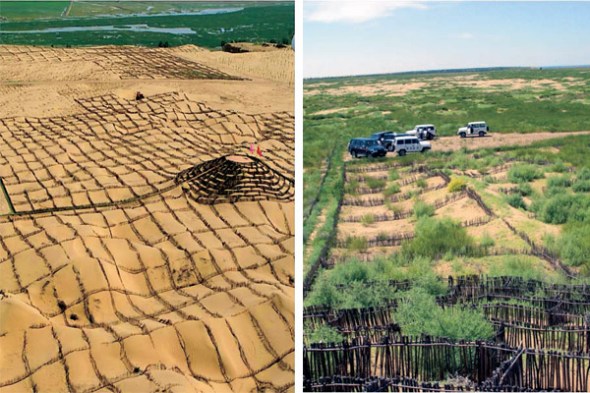 This composite photo shows Kubuqi Desert in the past and the present, spanning 20 years. (Photo provided to chinadaily.com.cn)