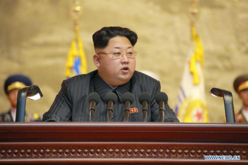 Photo provided by Korean Central News Agency (KCNA) on July 26, 2015 shows top leader of the Democratic People's Republic of Korea (DPRK) Kim Jong Un making a congratulatory speech at the 4th National Conference of War Veterans on July 25, 2015. (Xinhua/KCNA)