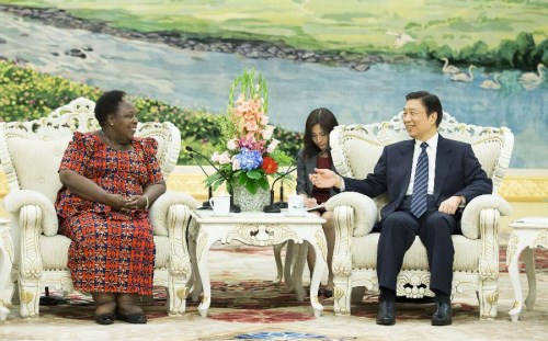 Chinese Vice President Li Yuanchao (R) meets with Gertrude Mongella, secretary-general of the Fourth World Conference on Women, in Beijing, capital of China, July 28, 2015. (Xinhua/Huang Jingwen)