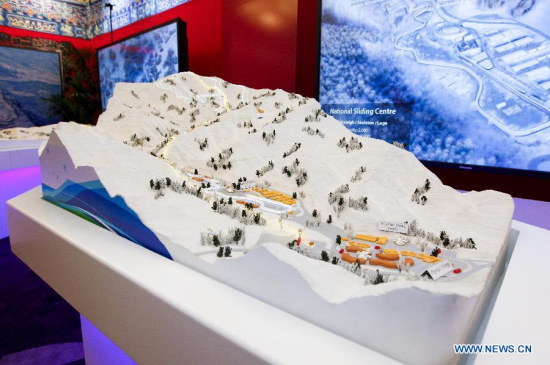 This photo shows a sandbox model at the expo of Beijing Candidate City's bid for the 2022 Winter Olympic games at the Palace hotel in Lausanne, Switzerland, on June 10, 2015. (Xinhua/Zhou Lei)