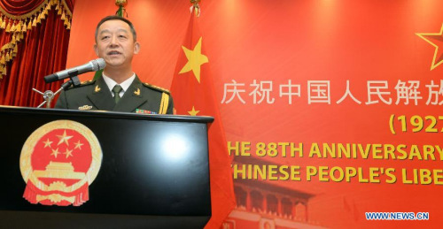 Military Attache of the Chinese Embassy in Bangladesh Zhang Wei addresses a reception marking the 88th anniversary of the founding of the ChinesePeople's Liberation Army(PLA) in Dhaka, Bangladesh, July 28, 2015. (Photo: Xinhua/Shariful Islam)