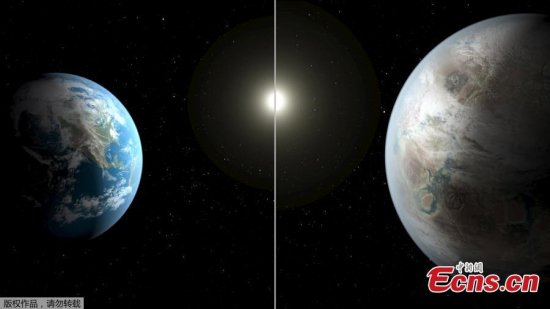 An artistic illustration compares Earth (L) to a planet beyond the solar system that is a close match to Earth, called Kepler-452b in this NASA image released on July 23, 2015. The planet, which is about 60 percent bigger than Earth, is located about 1,400 light years away in the constellation Cygnus, the scientists told a news conference on Thursday. (Photo/Agencies)