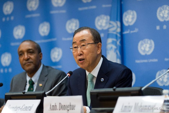 United Nations Secretary-general Ban Ki-moon (R) addresses a press conference on the Outcome Document of the Post-2015 Development Agenda at the UN headquarters in New York, Aug. 3, 2015. (Photo: Xinhua/Li Muzi)