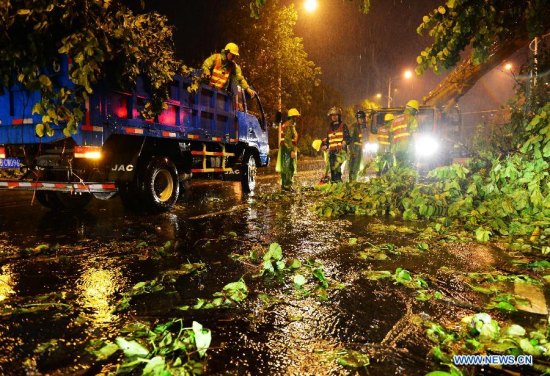 Staff members move away fallen trees in Putian, southeast China's Fujian Province, Aug. 8, 2015. Super typhoon Soudelor landed on the coast of Putian in Fujian Saturday evening. (Xinhua/Wei Peiquan)