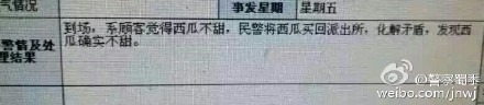 A policeman's photo of a report shows ridiculous nature of the case: a customer disputing with a vendor over a bland watermelon which the vendor refused to refund.(Photo/Sina Weibo)