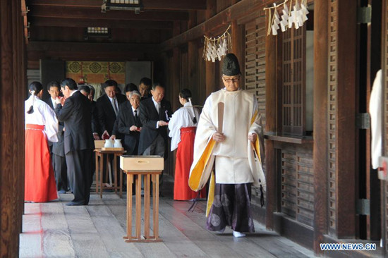 Japanese lawmakers visit the Yasukuni Shrine in Tokyo, Japan, Aug. 15, 2015.