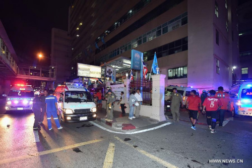 Rescuers work at the site of an explosion in downtown Bangkok, capital of Thailand, on Aug. 17, 2015. At least 15 people were killed and more than 80 others injured in an explosion in downtown Bangkok on Monday night, according to local media. (Photo: Xinhua/Li Mangmang)