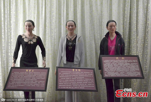 Shoddy wax sculptures of celebrities are displayed at the Mount Huaying scenic spot in Huaying city, Southwest Chinas Sichuan province, Aug 13, 2015. Netizens have complained that many of the wax sculptures of well-known personalities are poorly made. The figures from left to right are wax replicates of Chinese actresses Maggie Cheung, Zhang Ziyi, and Gong Li.(Photo/CFP)