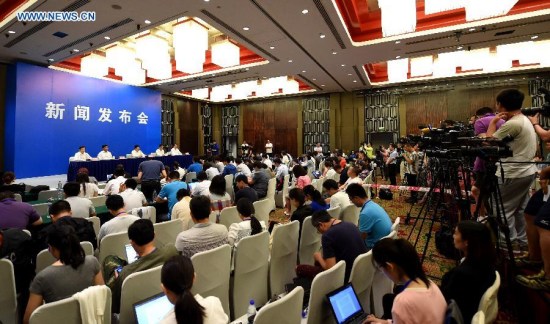 A press conference of Tianjin warehouse blast is held in Tianjin, Aug. 19, 2015. (Photo: Xinhua/Zhang Chenlin)