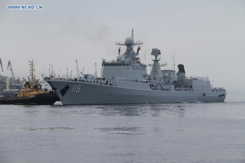 Chinese navy destroyer Shenyang is seen during the Joint Sea-2015 (II) drill on Aug. 20, 2015 in Vladivostok, Russia. The Joint Sea-2015 (II) drill takes place from Aug. 20 to 28 in the Peter the Great Gulf, waters off the Clerk Cape, and the Sea of Japan, this is the second China-Russia naval exercise this year.(Xinhua/Sun Yanxin)