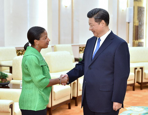 Chinese President Xi Jinping (R) meets with U.S. National Security Advisor Susan Rice in Beijing, capital of China, Aug. 28, 2015. (Photo: Xinhua/Li Tao)