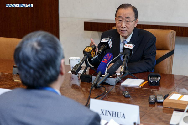 UN Secretary-General Ban Ki-moon speaks during an interview with Chinese media at the UN headquarters in New York, the United States, Aug. 28, 2015. UN Secretary-General Ban Ki-moon said Friday that the international community recognizes China's contribution and sacrifice in the Second World War, and it is very important now for the world to learn from the past lessons and look forward in order to build a better world. Ban made the remarks on the eve of his scheduled trip to China next week, his ninth China tour as the UN chief over the past nine years, to attend China's V-Day celebrations on Sept. 3. (Xinhua/Li Muzi)