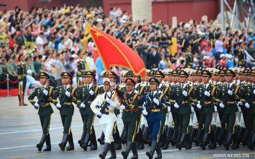 The guard of honor of the Chinese People's Liberation Army's Three Services takes part in a rehearsal for a military parade in Beijing, capital of China, Aug. 23, 2015. China will hold a grand military parade on Sept. 3 to mark the 70th anniversary of the victory of the Chinese People's War of Resistance Against Japanese Aggressions and the World Anti-Fascist War. (Xinhua/Li Gang)