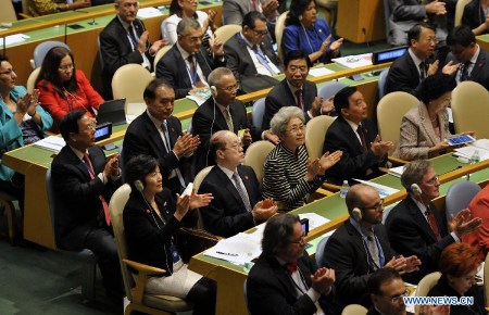 Members of Chinese delegation attend the opening of the Fourth World Conference of Speakers of Parliament at the United Nations headquarters in New York, the United States, on Aug. 31, 2015. (Photo: Xinhua/Wang Lei)