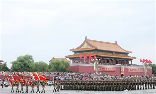 Soldiers march through Tiananmen Square on August 23 during a parade rehearsal. Photo: Cui Meng/GT