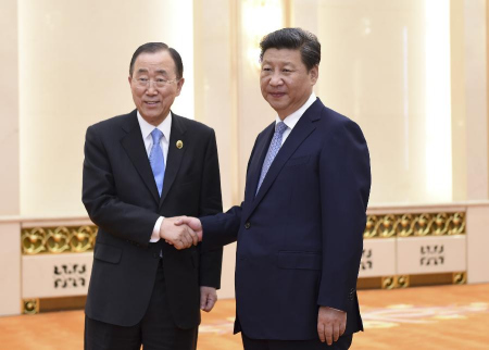Chinese President Xi Jinping meets with Secretary-General of the United Nations Ban Ki-moon in Beijing, capital of China, Sept. 3, 2015. (Photo: Xinhua/Zhang Duo)