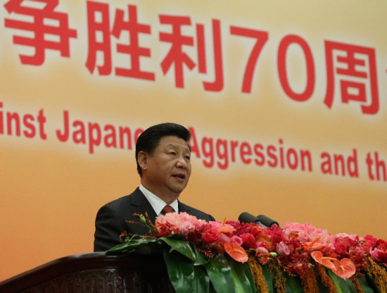 Chinese President Xi Jinping addresses a reception to commemorate the 70th anniversary of the victory of the Chinese People's War of Resistance Against Japanese Aggression and the World Anti-Fascist War, in Beijing, capital of China, Sept. 3, 2015. (Photo: Xinhua/Liu Weibing)