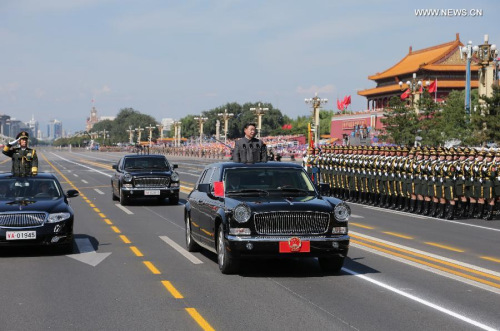 Chinese President Xi Jinping inspects troops during the commemoration activities to mark the 70th anniversary of the victory of the Chinese People's War of Resistance Against Japanese Aggression and the World Anti-Fascist War, in Beijing, capital of China, Sept. 3, 2015. (Photo: Xinhua/Li Gang)