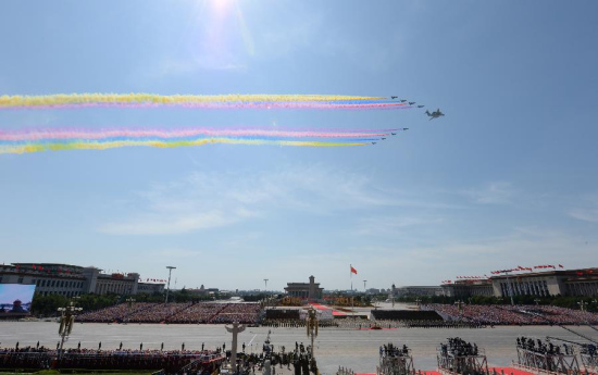 The leading formation of aircraft attend a parade in Beijing, capital of China, Sept. 3, 2015. China on Thursday held commemoration activities, including a grand military parade, to mark the 70th anniversary of the victory of the Chinese People's War of Resistance Against Japanese Aggression and the World Anti-Fascist War. (Photo: Xinhua/Zhao Peng)