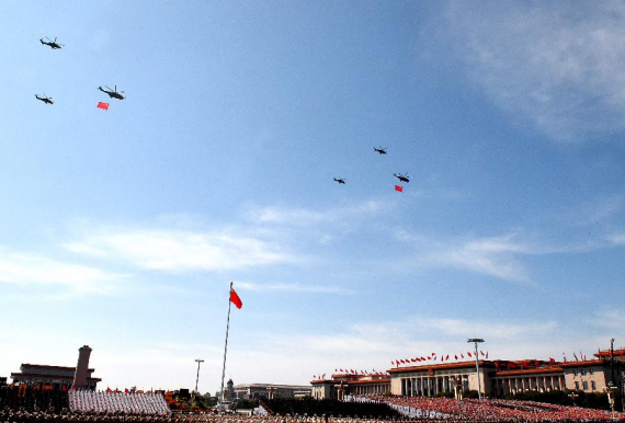 Aircraft attend a parade in Beijing, capital of China, Sept. 3, 2015. China on Thursday held commemoration activities, including a grand military parade, to mark the 70th anniversary of the victory of the Chinese People's War of Resistance Against Japanese Aggression and the World Anti-Fascist War. (Xinhua/Wang Song)