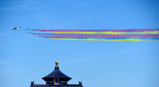 A leading formation of aircrafts attend a parade in Beijing, capital of China, Sept. 3, 2015. (Photo: Xinhua/Wang Haofei)