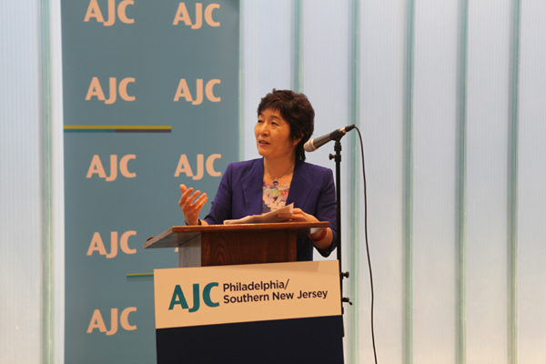 Zhang Qiyue, the Chinese consul general in New York, spoke at the private reception celebrating the opening of the AJC Jewish Refugees & Shanghai Exhibit in Philadelphia on Thursday evening. (Photo for China Daily)