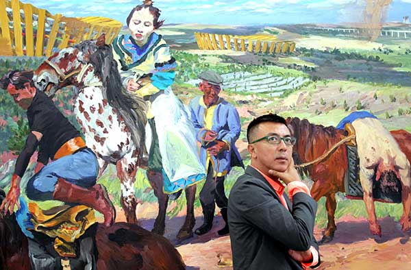 Painter Liu Xiaodong stands in front of one of his latest works about Ordos, Inner Mongolia autonomous region, showing nomads riding on horseback with the vast city stadium in the background. Another painting from the series (below). (Photo By Zhang Wei/China Daily)