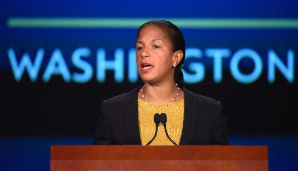 U.S. President Barack Obama's National Security Advisor Susan Rice speaks on the U.S.-China ties at the George Washington University in Washington, D.C., the United States, Sept. 21, 2015. We reject reductive reasoning and lazy rhetoric that says conflict between the U.S. and China is inevitable, even as we've been tough with China where we disagree, Susan Rice said here in a speech on Monday. (Photo: Xinhua/Yin Bogu)