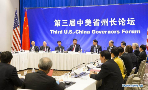 Chinese President Xi Jinping (4th L, rear) speaks during the Third China-U.S. Governors Forum in Seattle, the United States, Sept. 22, 2015. (Photo: Xinhua/Huang Jingwen)
